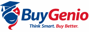 BuyGenio logo featuring a blue and red genie icon with graduation cap and the slogan “Think Smart. Buy Better.”