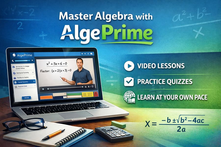 Laptop displaying AlgePrime online algebra course with video lesson, math equations, and study tools for students learning algebra.
