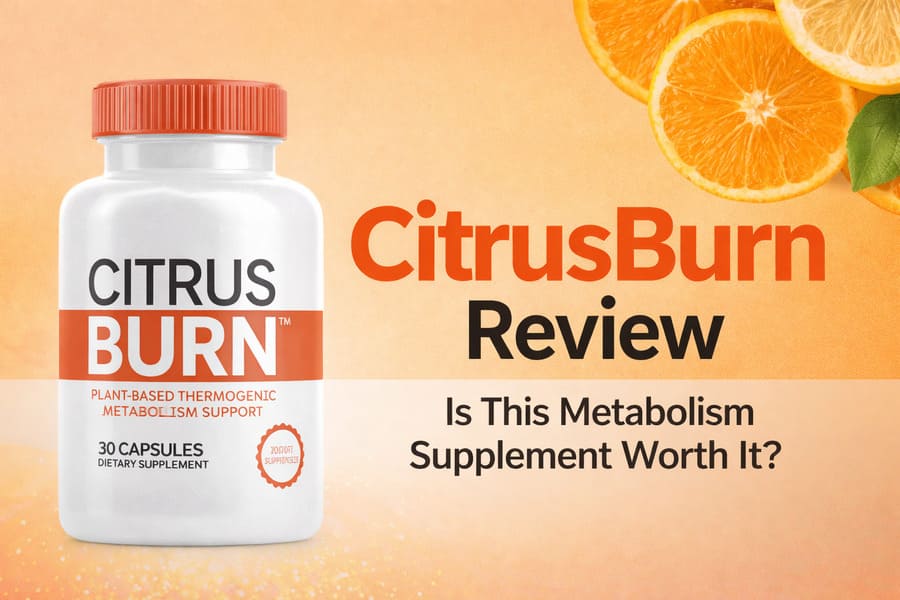 CitrusBurn bottle displayed on an orange background with citrus slices, promoting a plant-based thermogenic metabolism support supplement
