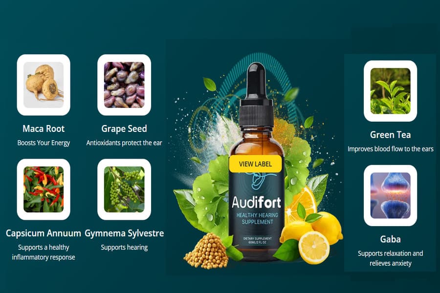 Audifort hearing supplement bottle with ingredients: maca root, grape seed, green tea, capsicum annuum, gymnema sylvestre and GABA for healthy hearing support