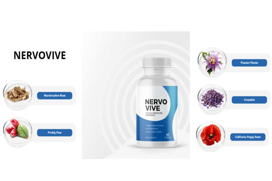 Nervovive supplement bottle with highlighted natural ingredients: marshmallow root, prickly pear, passion flower, corydalis, and California poppy seed