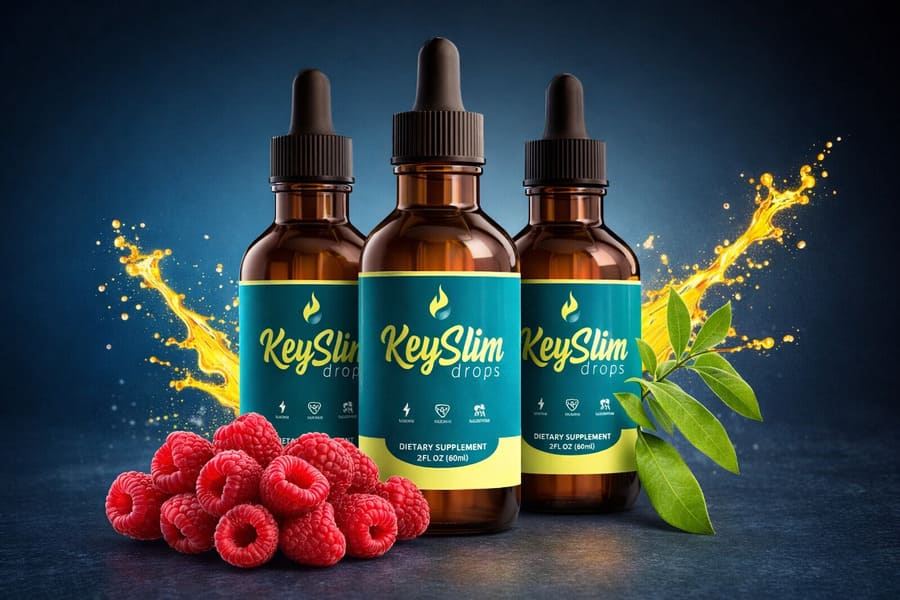 KeySlim Drops weight loss supplement bottles with natural ingredients, including raspberries and green leaves, displayed on a dark background.