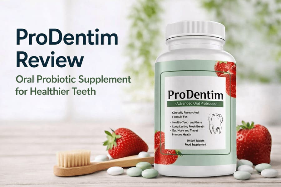 ProDentim oral probiotic supplement bottle displayed with strawberries, mint tablets, and a toothbrush, illustrating a review of a dental probiotic for healthier teeth, gums, and fresh breath.