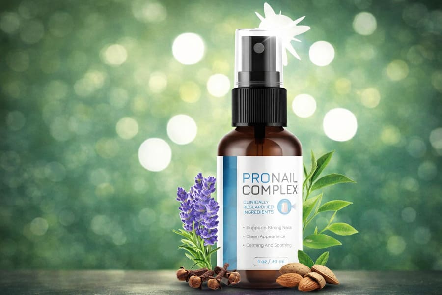 ProNail Complex nail care spray bottle with natural ingredients like lavender, cloves, and almond oil for stronger and healthier nails