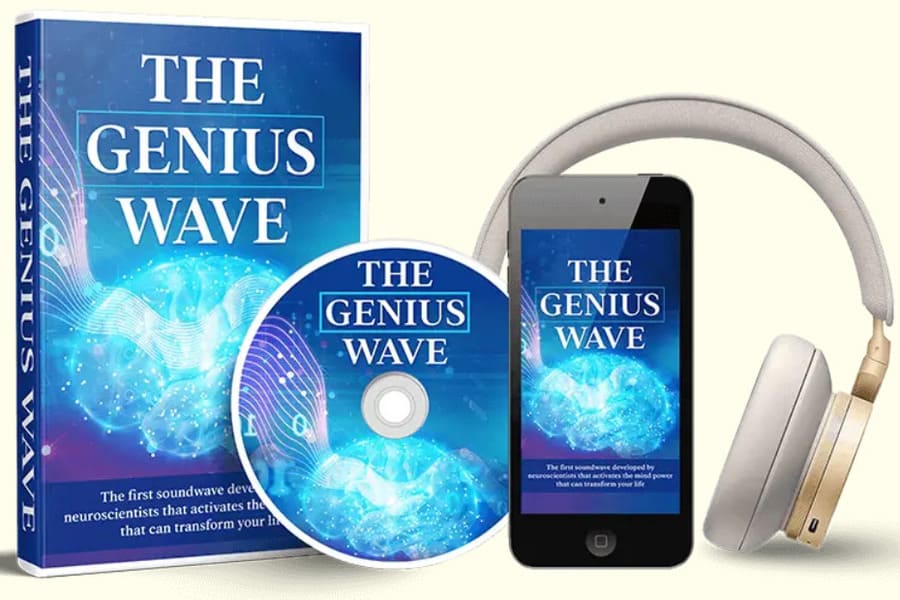 The Genius Wave digital program package with audio CD, mobile app display, book cover, and headphones for brainwave entrainment and focus enhancement