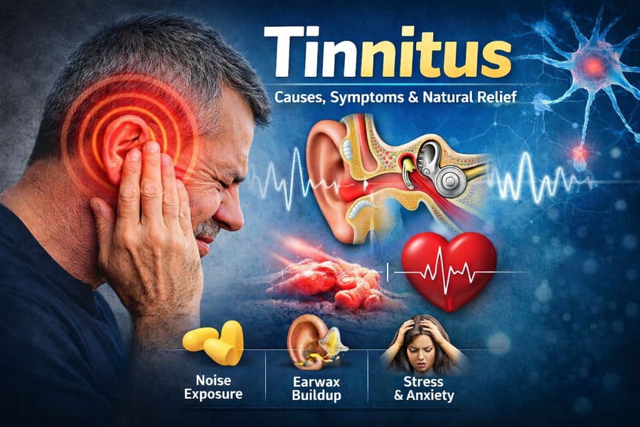 Tinnitus infographic showing man with ear ringing, inner ear anatomy, sound waves, and common causes such as noise exposure, earwax buildup, and stress
