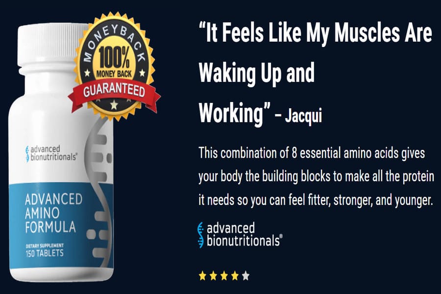 Advanced Amino Formula supplement bottle with money-back guarantee badge and customer testimonial about improved muscle support.