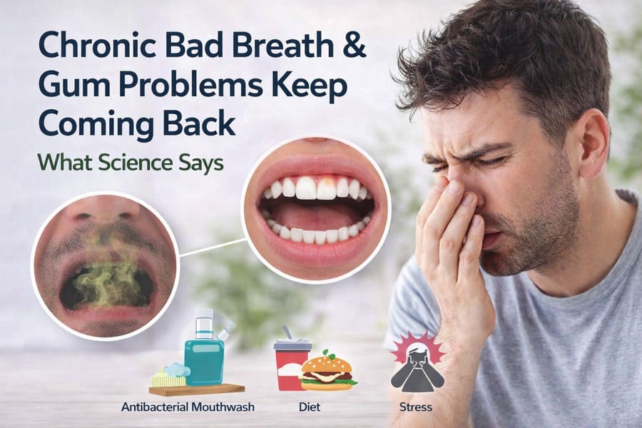 Illustration showing a man experiencing chronic bad breath and gum problems, with visual highlights of oral microbiome imbalance, inflamed gums, and common contributing factors such as diet, stress, and antibacterial mouthwash.