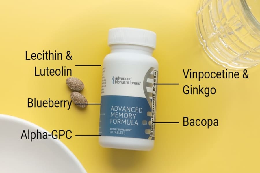 Advanced Memory Formula bottle with labeled ingredients including bacopa, ginkgo, alpha-GPC, lecithin, luteolin, and blueberry