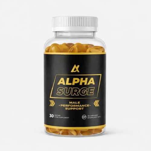 Alpha Surge supplement bottle for male performance support and stamina enhancement