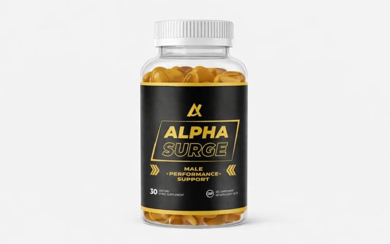 Alpha Surge supplement bottle for male performance support and stamina enhancement