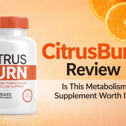 CitrusBurn bottle displayed on an orange background with citrus slices, promoting a plant-based thermogenic metabolism support supplement