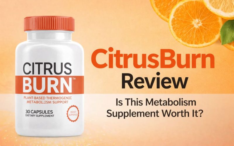CitrusBurn bottle displayed on an orange background with citrus slices, promoting a plant-based thermogenic metabolism support supplement