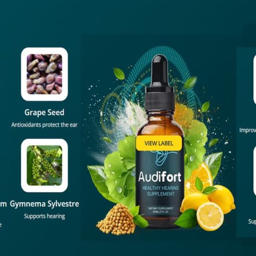 Audifort hearing supplement bottle with ingredients: maca root, grape seed, green tea, capsicum annuum, gymnema sylvestre and GABA for healthy hearing support
