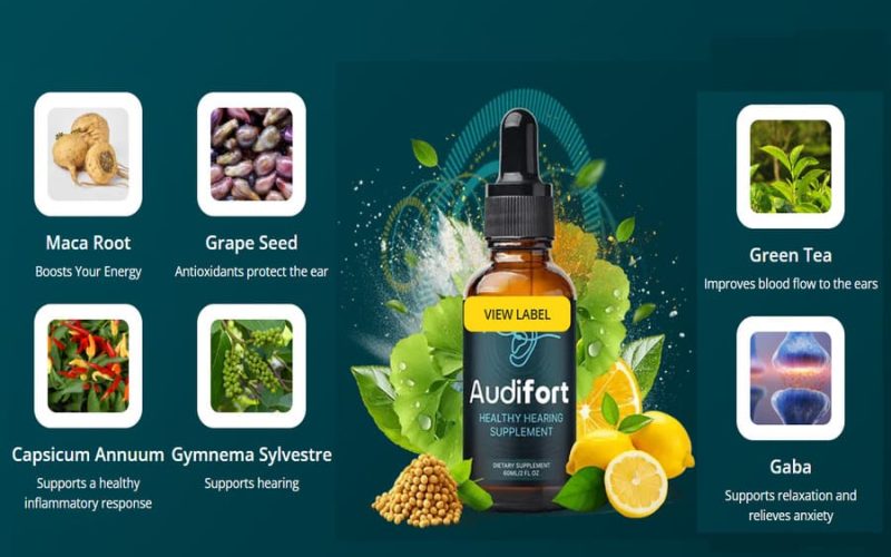 Audifort hearing supplement bottle with ingredients: maca root, grape seed, green tea, capsicum annuum, gymnema sylvestre and GABA for healthy hearing support