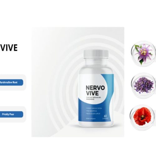 Nervovive supplement bottle with highlighted natural ingredients: marshmallow root, prickly pear, passion flower, corydalis, and California poppy seed
