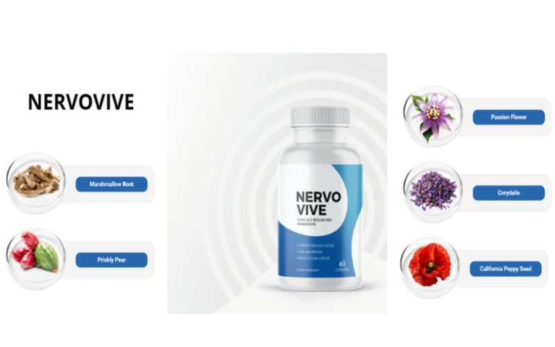 Nervovive supplement bottle with highlighted natural ingredients: marshmallow root, prickly pear, passion flower, corydalis, and California poppy seed