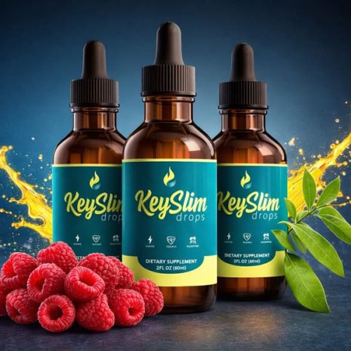 KeySlim Drops weight loss supplement bottles with natural ingredients, including raspberries and green leaves, displayed on a dark background.