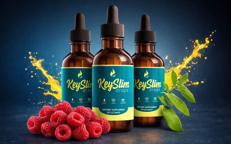 KeySlim Drops weight loss supplement bottles with natural ingredients, including raspberries and green leaves, displayed on a dark background.