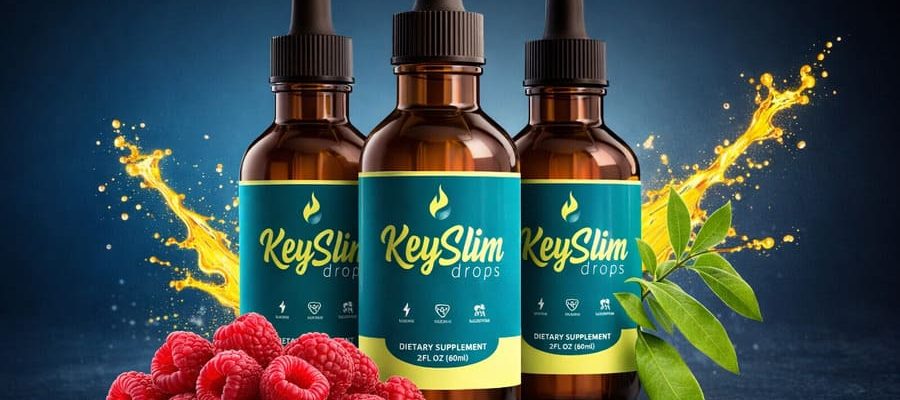 KeySlim Drops weight loss supplement bottles with natural ingredients, including raspberries and green leaves, displayed on a dark background.