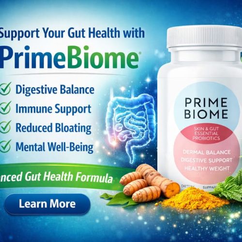 PrimeBiome supplement bottle with digestive system illustration highlighting gut health and microbiome support