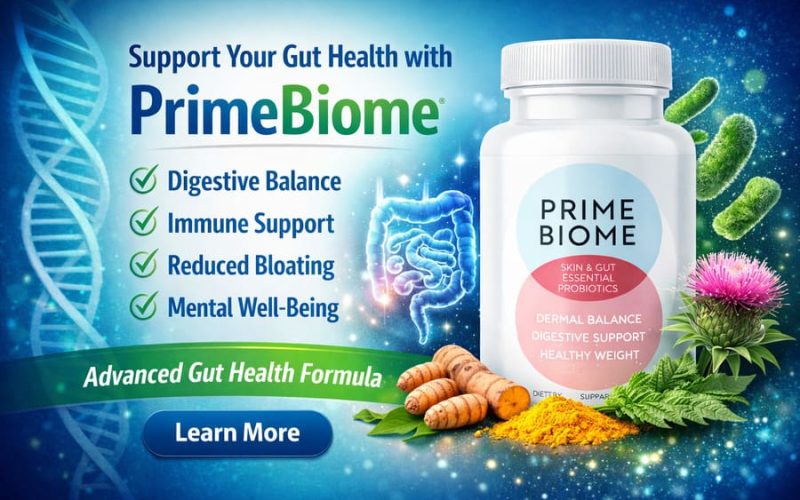 PrimeBiome supplement bottle with digestive system illustration highlighting gut health and microbiome support