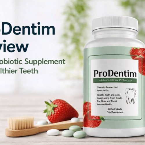 ProDentim oral probiotic supplement bottle displayed with strawberries, mint tablets, and a toothbrush, illustrating a review of a dental probiotic for healthier teeth, gums, and fresh breath.