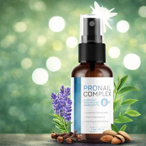 ProNail Complex nail care spray bottle with natural ingredients like lavender, cloves, and almond oil for stronger and healthier nails