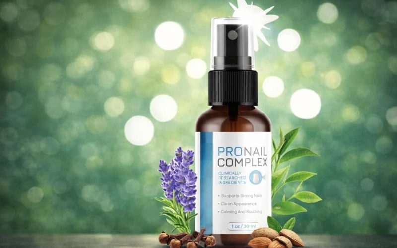 ProNail Complex nail care spray bottle with natural ingredients like lavender, cloves, and almond oil for stronger and healthier nails