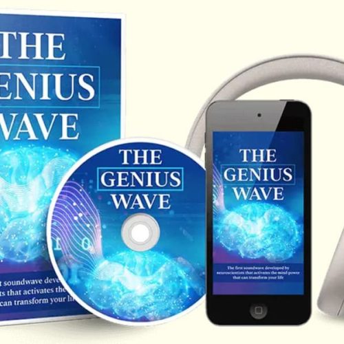 The Genius Wave digital program package with audio CD, mobile app display, book cover, and headphones for brainwave entrainment and focus enhancement