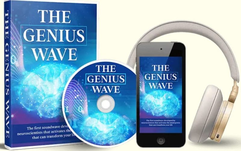 The Genius Wave digital program package with audio CD, mobile app display, book cover, and headphones for brainwave entrainment and focus enhancement