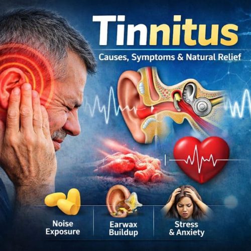 Tinnitus infographic showing man with ear ringing, inner ear anatomy, sound waves, and common causes such as noise exposure, earwax buildup, and stress