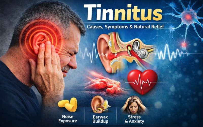 Tinnitus infographic showing man with ear ringing, inner ear anatomy, sound waves, and common causes such as noise exposure, earwax buildup, and stress