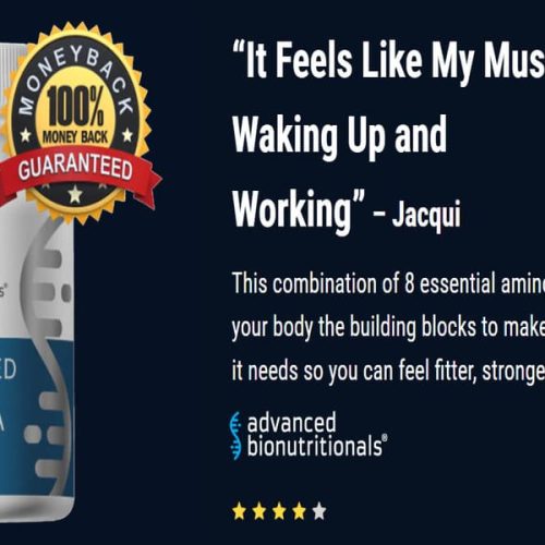 Advanced Amino Formula supplement bottle with money-back guarantee badge and customer testimonial about improved muscle support.