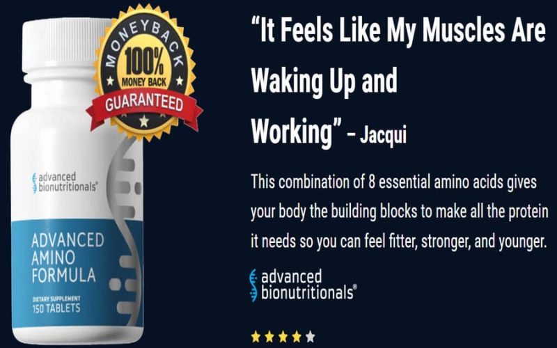 Advanced Amino Formula supplement bottle with money-back guarantee badge and customer testimonial about improved muscle support.