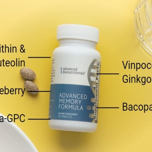 Advanced Memory Formula bottle with labeled ingredients including bacopa, ginkgo, alpha-GPC, lecithin, luteolin, and blueberry
