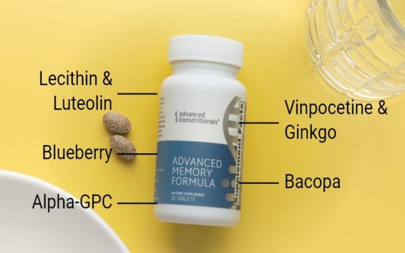 Advanced Memory Formula bottle with labeled ingredients including bacopa, ginkgo, alpha-GPC, lecithin, luteolin, and blueberry