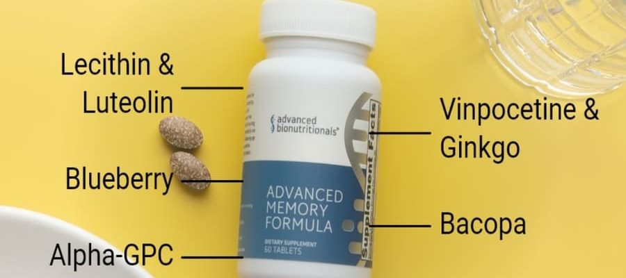 Advanced Memory Formula bottle with labeled ingredients including bacopa, ginkgo, alpha-GPC, lecithin, luteolin, and blueberry