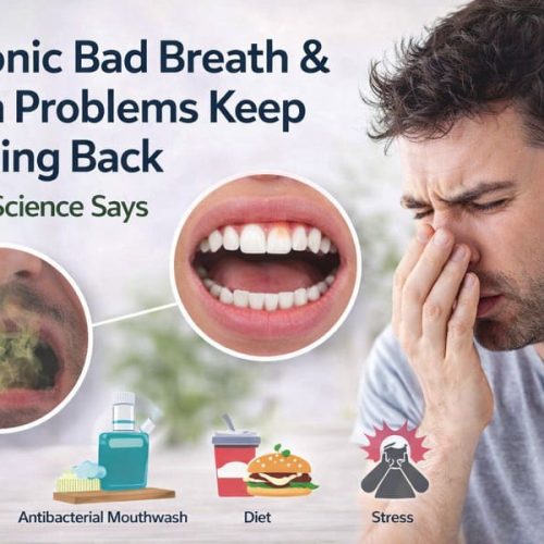 Illustration showing a man experiencing chronic bad breath and gum problems, with visual highlights of oral microbiome imbalance, inflamed gums, and common contributing factors such as diet, stress, and antibacterial mouthwash.