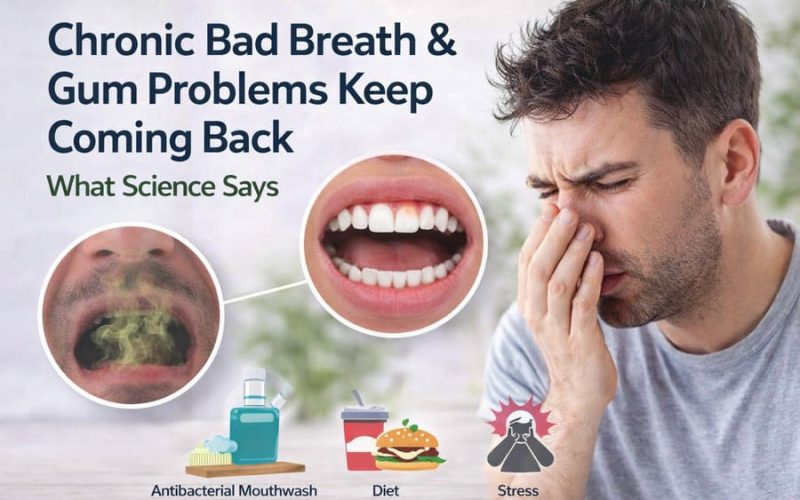 Illustration showing a man experiencing chronic bad breath and gum problems, with visual highlights of oral microbiome imbalance, inflamed gums, and common contributing factors such as diet, stress, and antibacterial mouthwash.