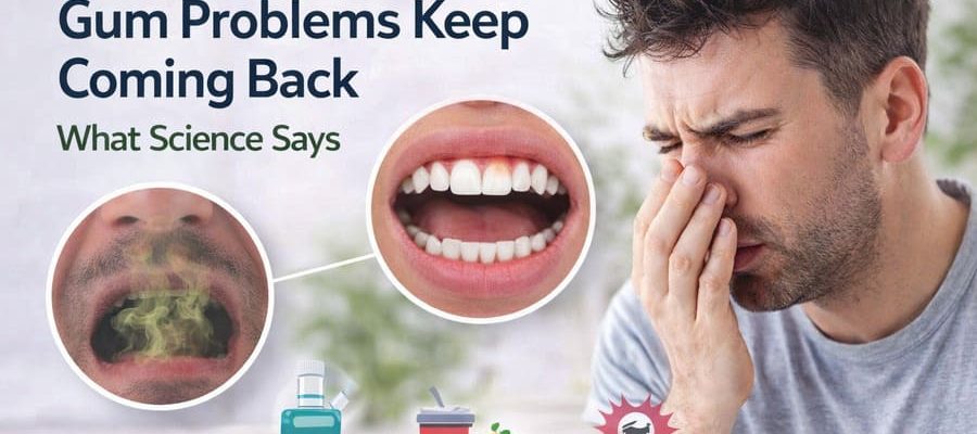 Illustration showing a man experiencing chronic bad breath and gum problems, with visual highlights of oral microbiome imbalance, inflamed gums, and common contributing factors such as diet, stress, and antibacterial mouthwash.